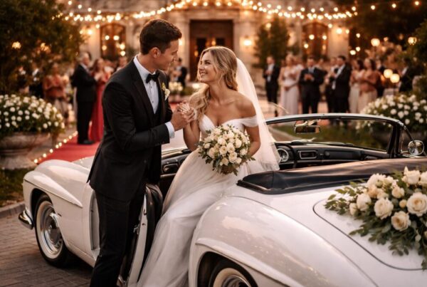 Tendencias en vehículos para novios: ¡por una entrada de película! entrada novios coche clasico blanco 600x403 - Tendencias en vehículos para novios: ¡por una entrada de película!